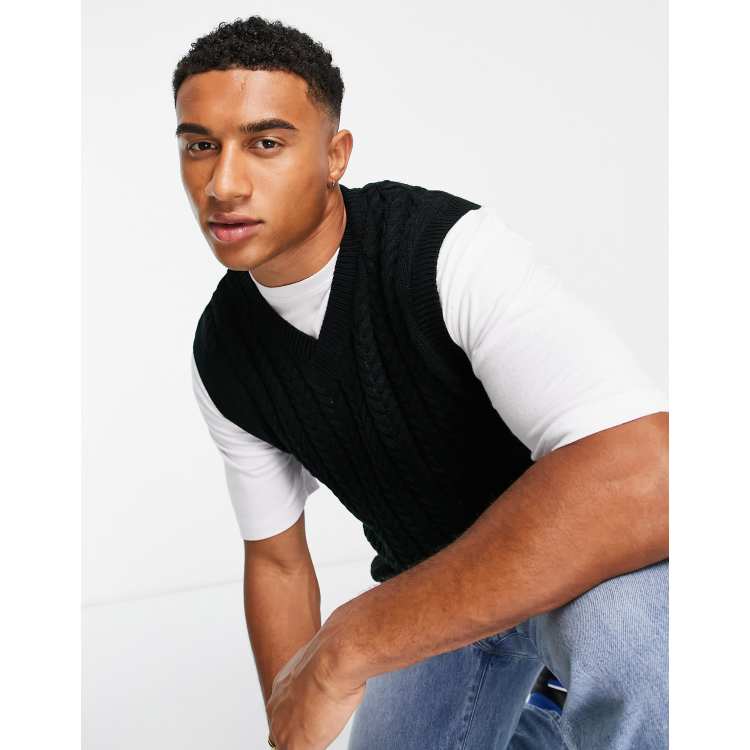 New Look relaxed fit cable knit vest in black | ASOS