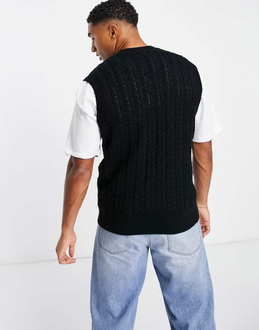 New Look relaxed fit cable knit vest in black | ASOS