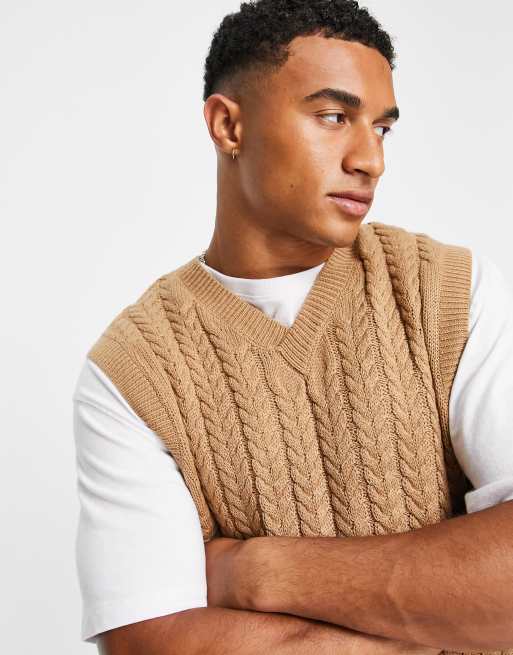 New Look relaxed fit cable knit vest in camel | ASOS