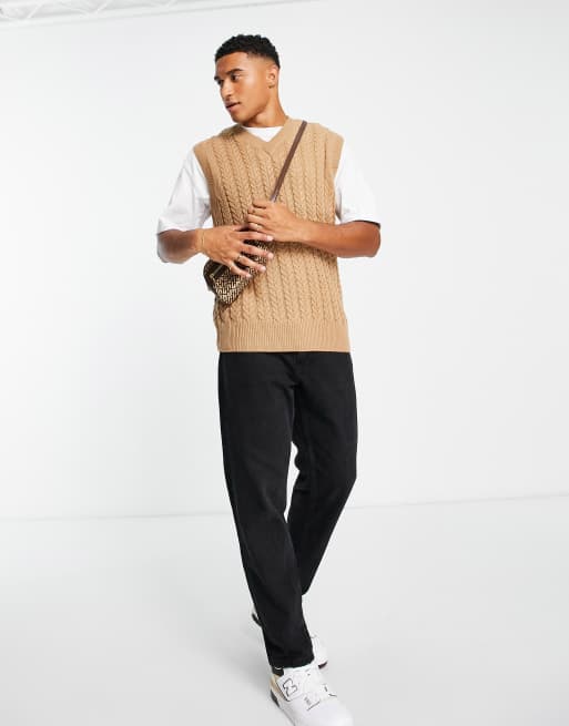 New Look relaxed fit cable knit vest in camel | ASOS