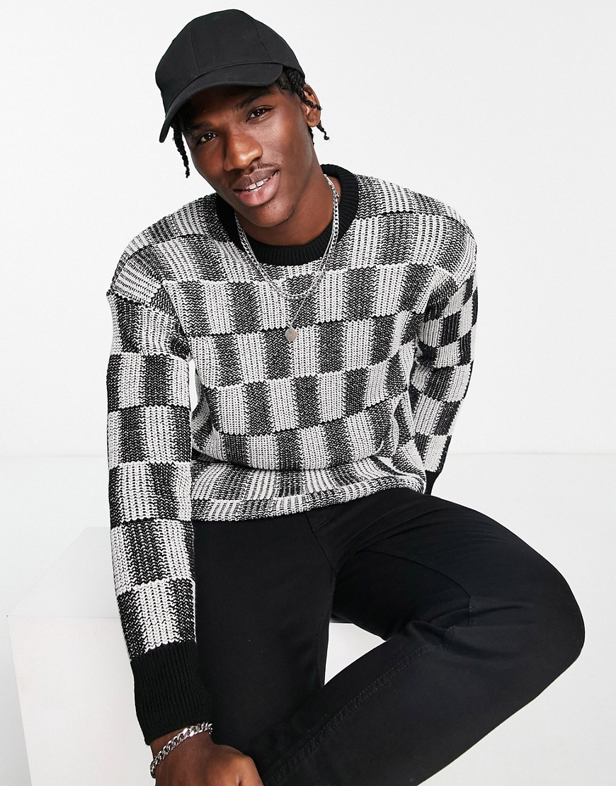 New Look relaxed fit checkerboard jumper in black