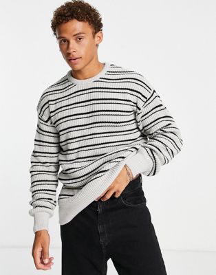 New Look relaxed fit fisherman stripe jumper in light grey