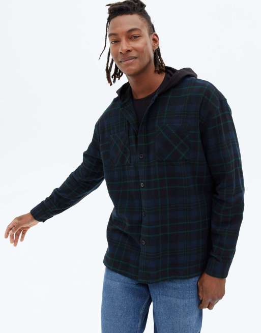 New Look relaxed fit hooded check shirt in dark blue ASOS