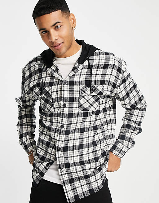 New Look relaxed fit hooded check shirt in white 