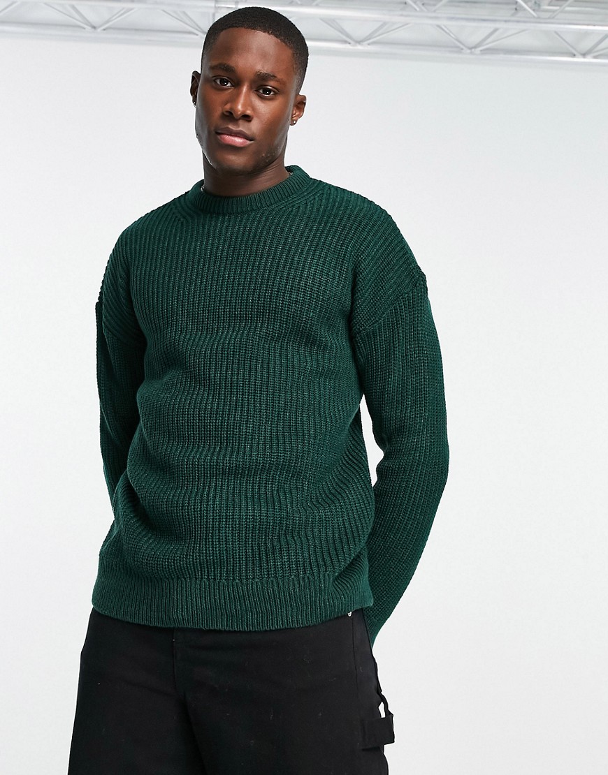 New Look relaxed fit knit fisherman sweater in dark green