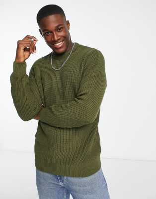 New Look Relaxed Fit Knit Fisherman Sweater In Dark Khaki-green