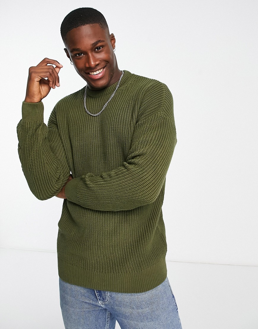 New Look relaxed fit knit fisherman sweater in dark khaki-Green