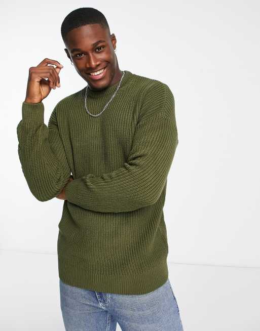 New Look relaxed fit knit fisherman sweater in dark khaki