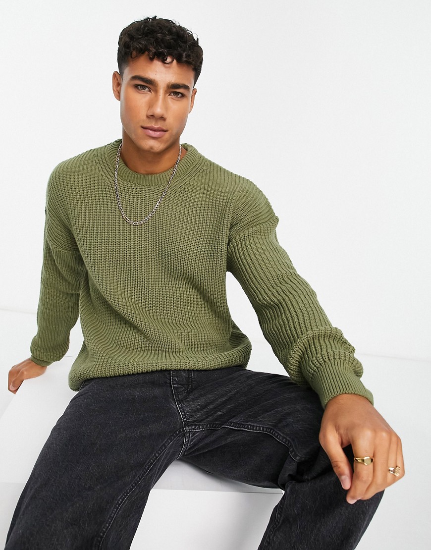 New Look relaxed fit knit fisherman sweater in khaki-Green