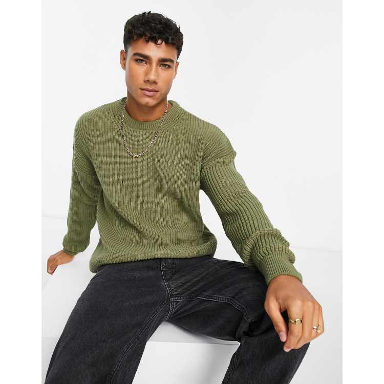 New Look relaxed fit knit fisherman sweater in khaki | ASOS