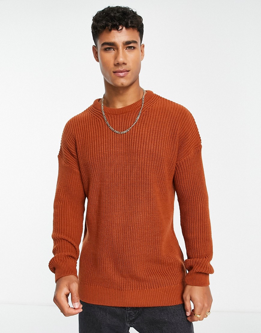 New Look relaxed fit knit fisherman sweater in rust-Copper
