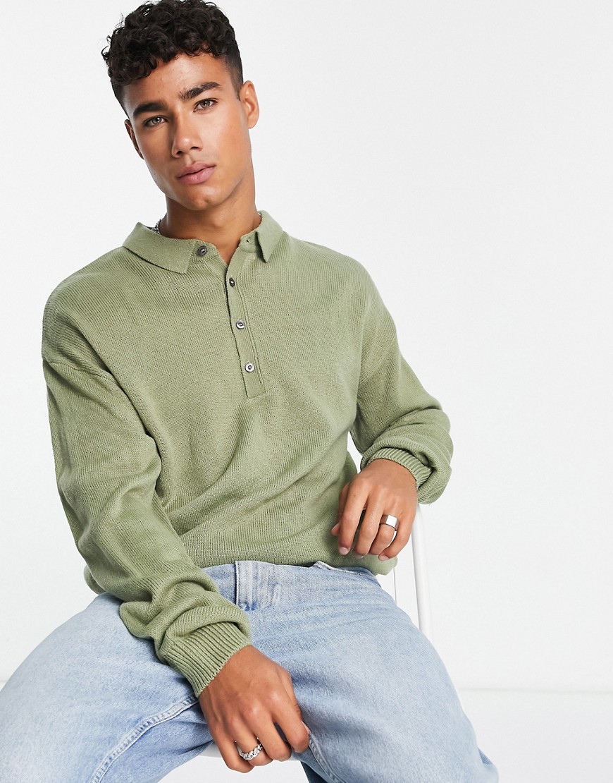 New Look relaxed fit knit polo sweater in khaki-Green