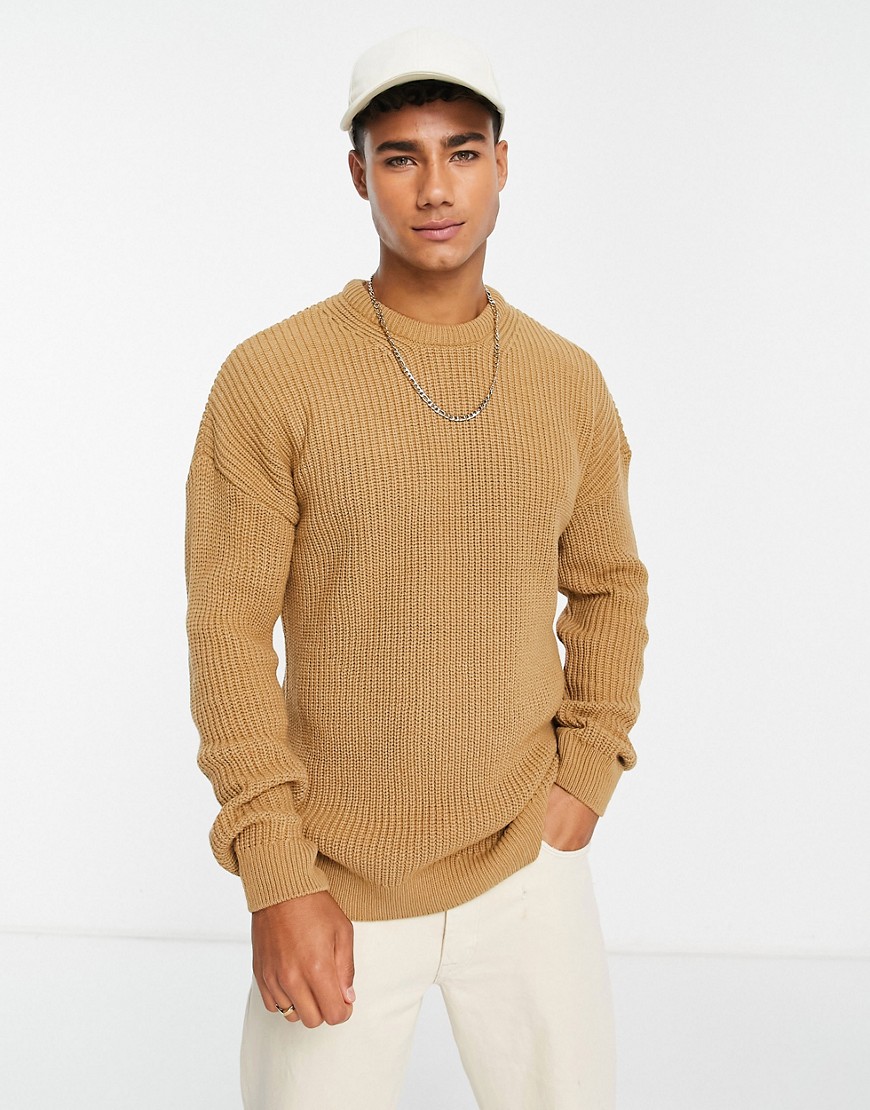 New Look relaxed fit knitted fisherman jumper in camel-Neutral