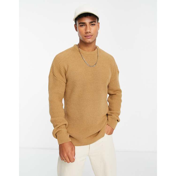 New Look relaxed fit knitted fisherman jumper in camel | ASOS