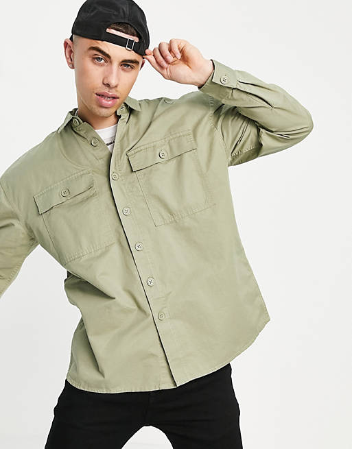 New look relaxed fit overshirt in washed khaki