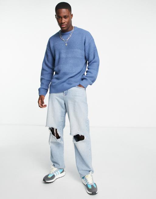 New Look relaxed fit stitch stripe jumper in light blue | ASOS