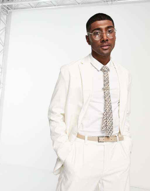 New Look relaxed fit linen suit jacket in off white