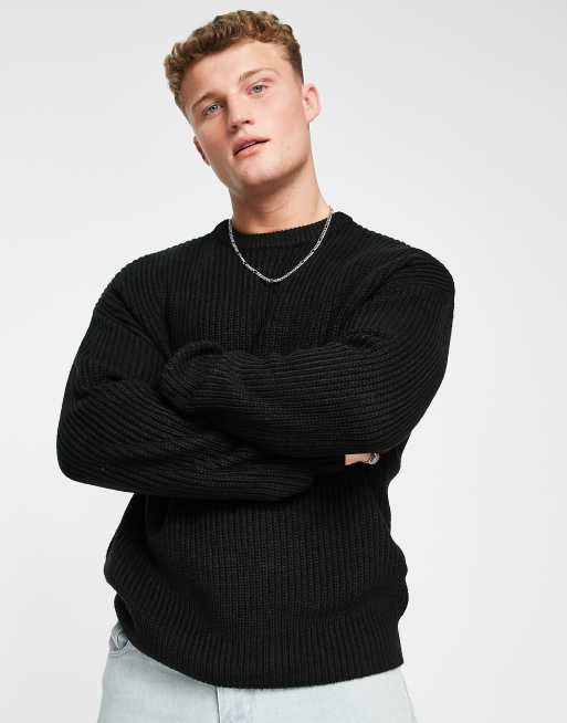 New Look relaxed knitted fisherman jumper in black