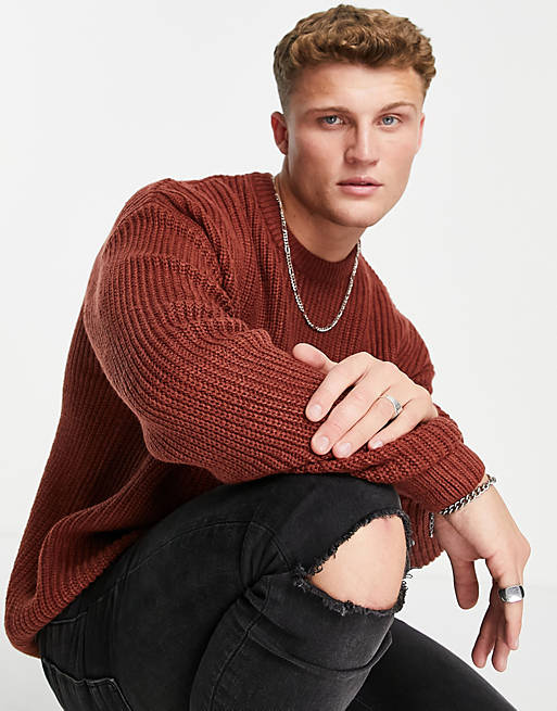 New Look relaxed knitted fisherman jumper in rust