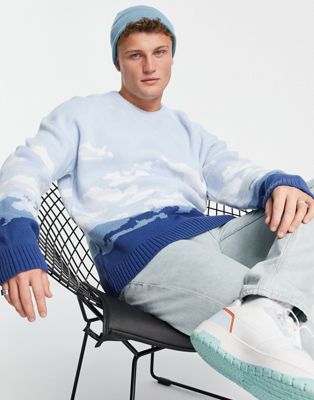 New Look relaxed knitted jumper with print in blue