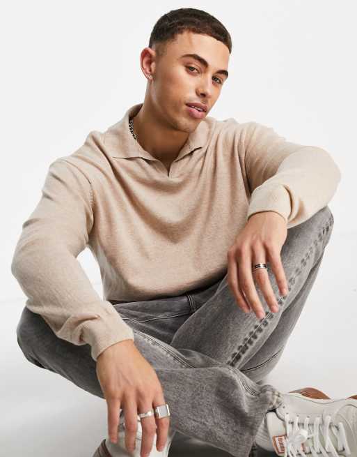 New Look relaxed knitted jumper with revere collar in stone ASOS