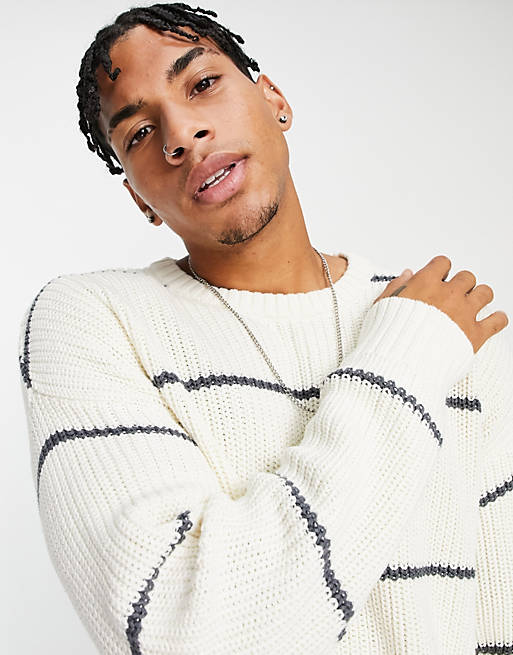 New Look relaxed striped fisherman jumper in off white