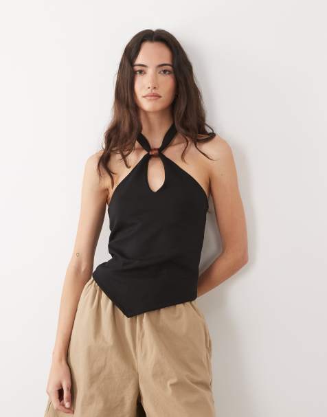 New Look resin trim detail halterneck top in black