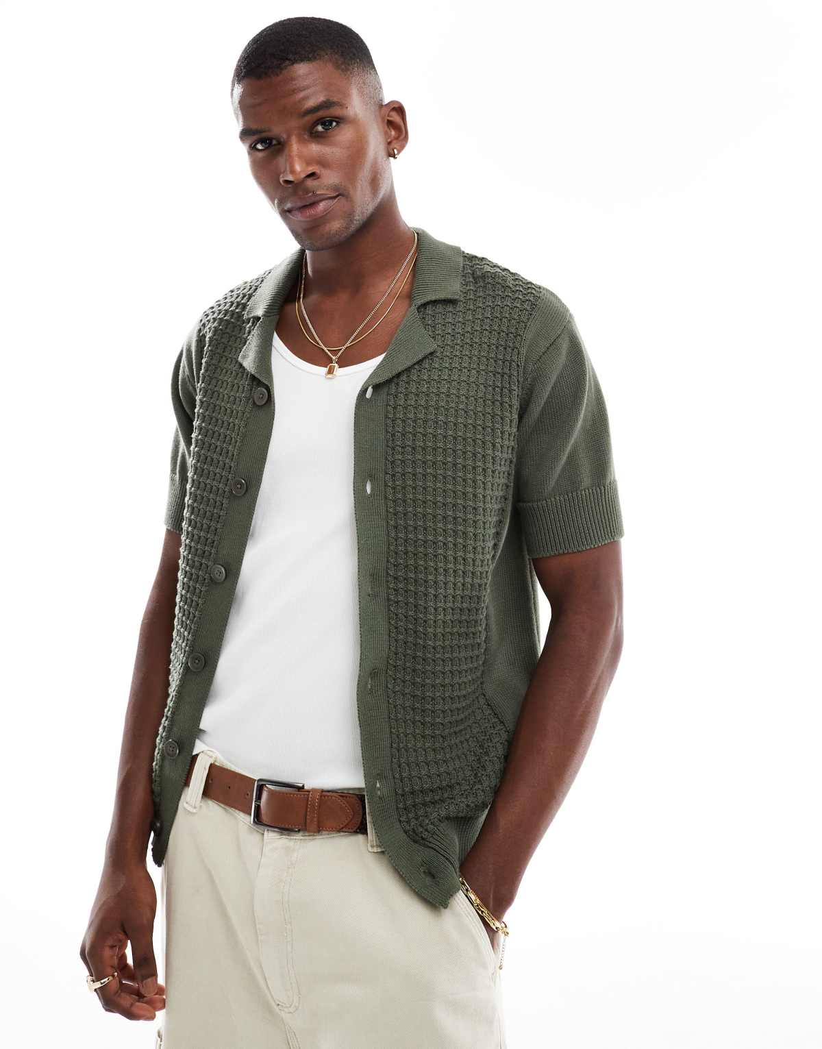 New Look retro bowling knitted shirt in khaki