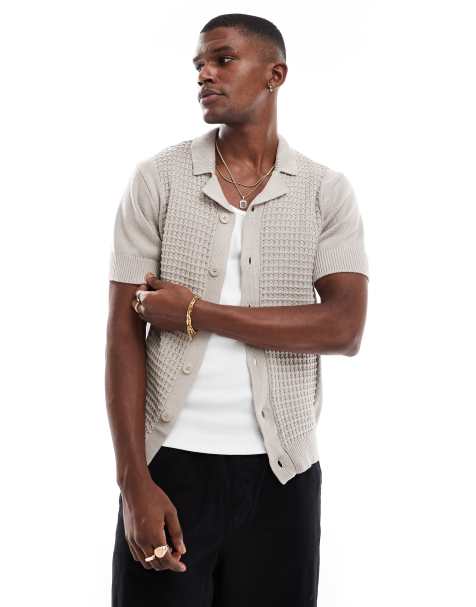 New Look retro bowling knitted shirt in stone