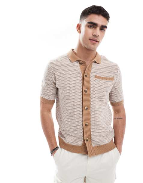 New Look retro open knit shirt in light brown