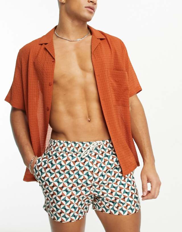 New Look retro print swim shorts in brown