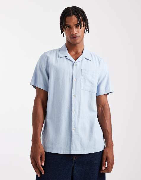 New Look revere collar linen look shirt in light blue - view 1