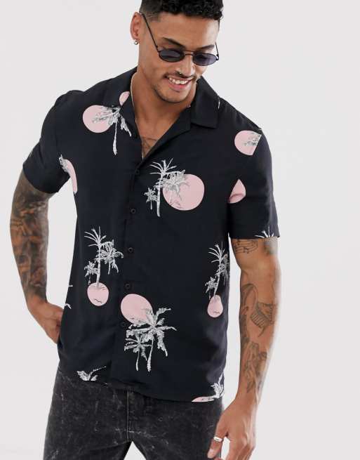 New Look revere collar shirt in sunset palm print