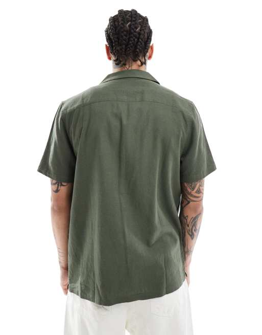 New Look revere linen blend shirt in dark green, 4 of 4
