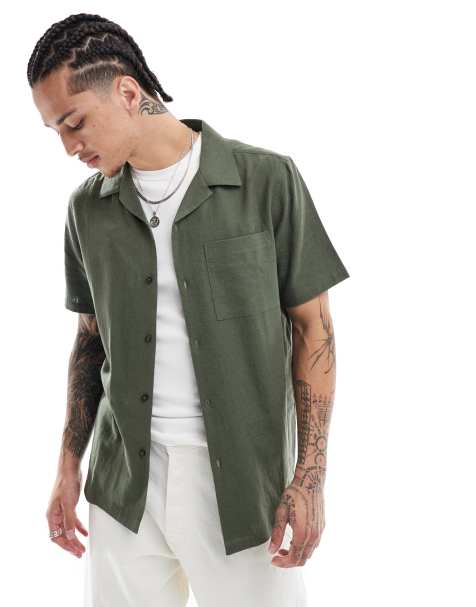 New Look revere linen look shirt in dark green - view 1