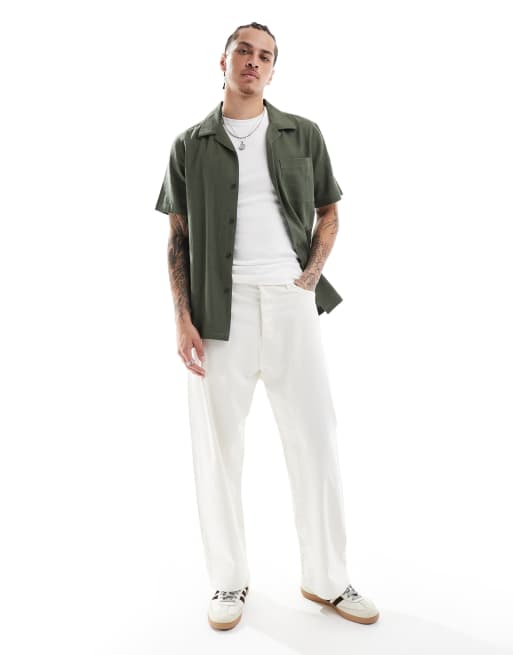 New Look revere linen look shirt in dark green, 2 of 4