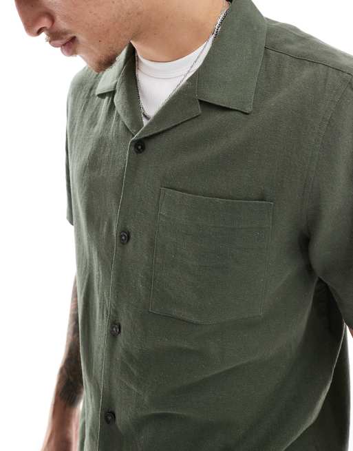 New Look revere linen look shirt in dark green, 3 of 4
