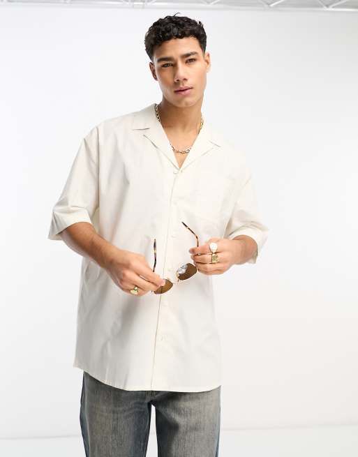 New Look revere poplin half sleeve shirt in off white