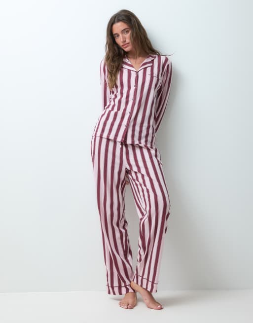 New Look revere pyjamas in pink and burgundy stripe, 2 of 4