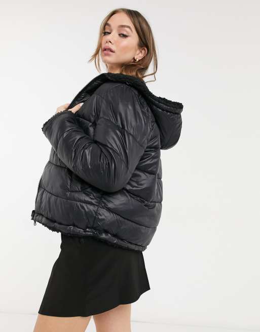 Grey reversible borg hot sale cropped puffer jacket