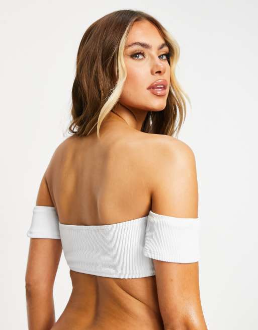 New Look rib bardot bikini top in white, 2 of 4