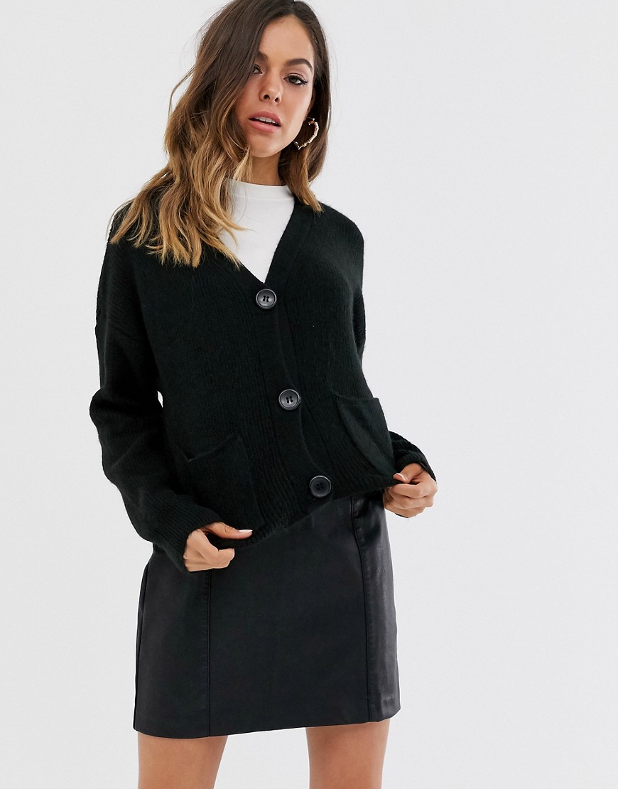 New Look rib button front cardigan in black