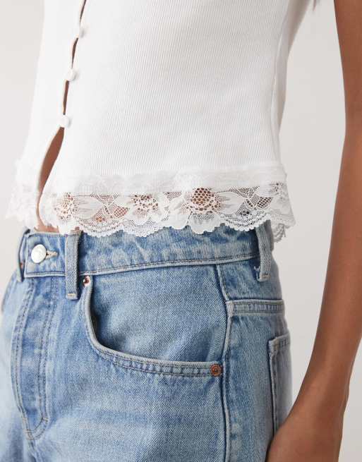 New Look rib lace trim button-through singlet in off white, 3 of 4