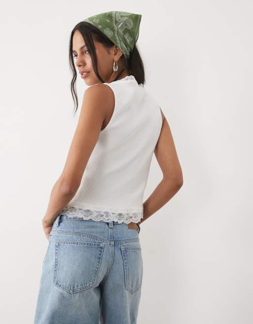 New Look rib lace trim button-through singlet in off white, 4 of 4