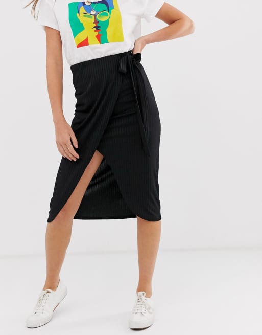 Black knee outlet length wrap skirt