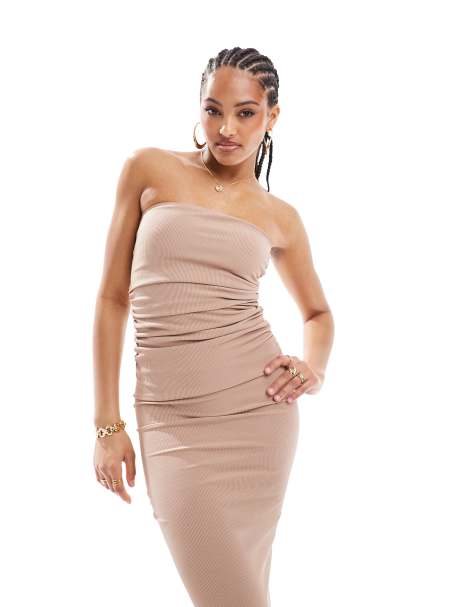 New Look ribbed bandeau midi dress in camel - view 1