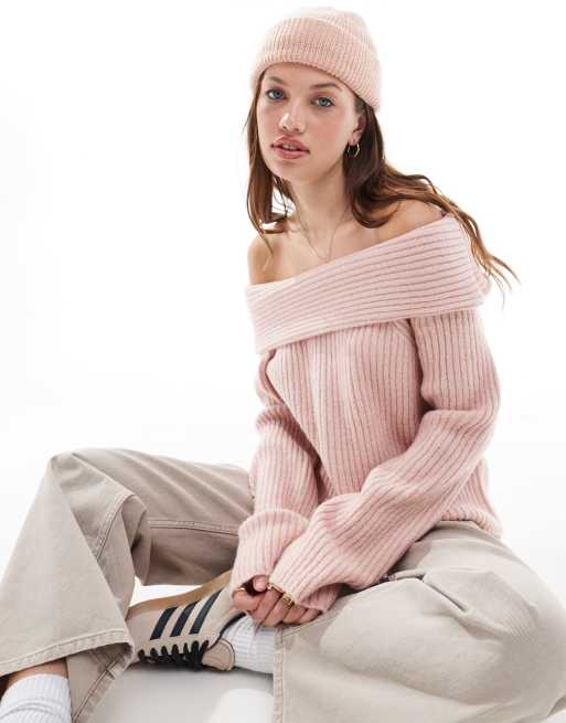 New Look ribbed bardot jumper in light pink