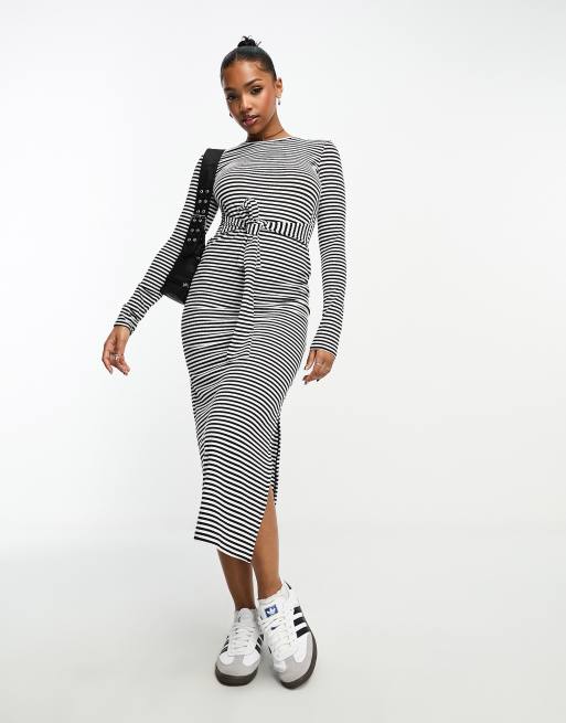 New Look ribbed belted midi dress in stripe