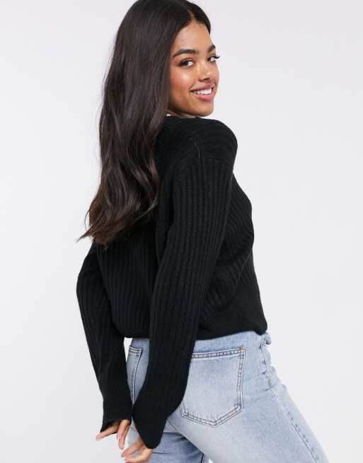 New Look ribbed button down cardigan in black ASOS