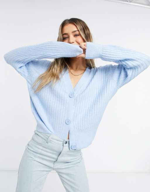 New Look ribbed button down cardigan in blue ASOS